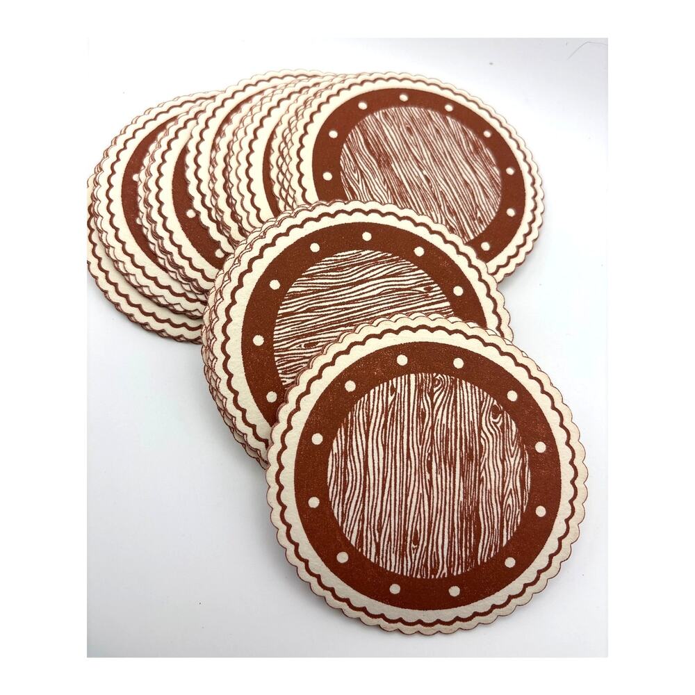 Vintage Paper Coasters Faux Wood Grain Design Scalloped Edge 1970s MCM Set of 58